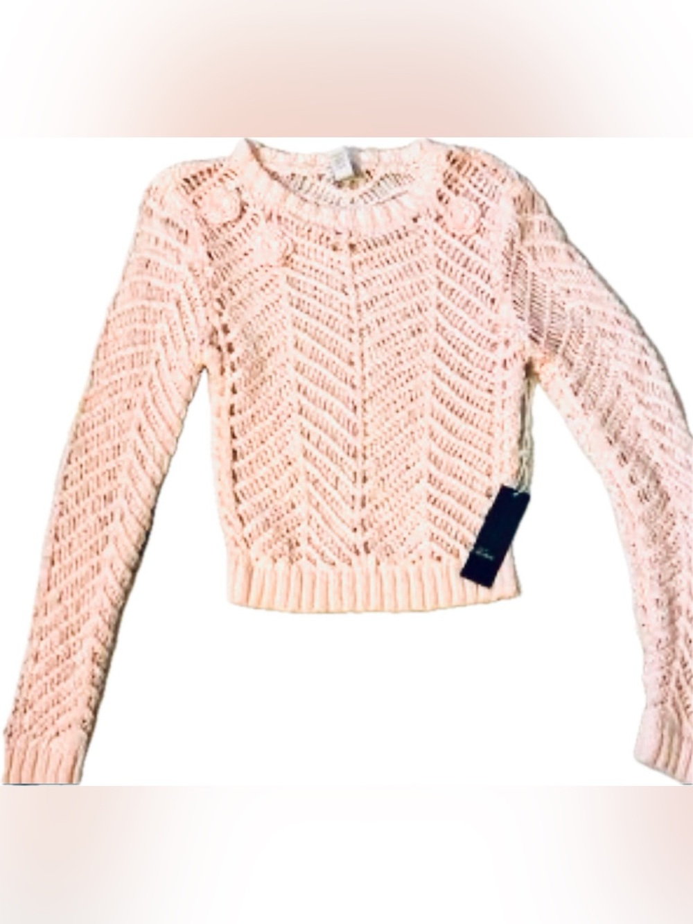 NWT NEW West of Melrose Soft Pink Open Knit Crochet Weave Cotton Sweater Top L